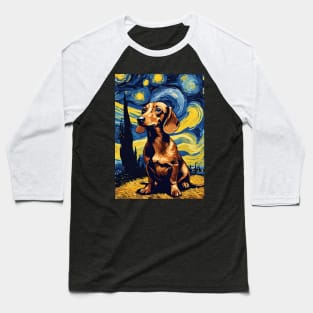 Cute Dachshund Dog Breed Painting in a Van Gogh Starry Night Art Style Baseball T-Shirt